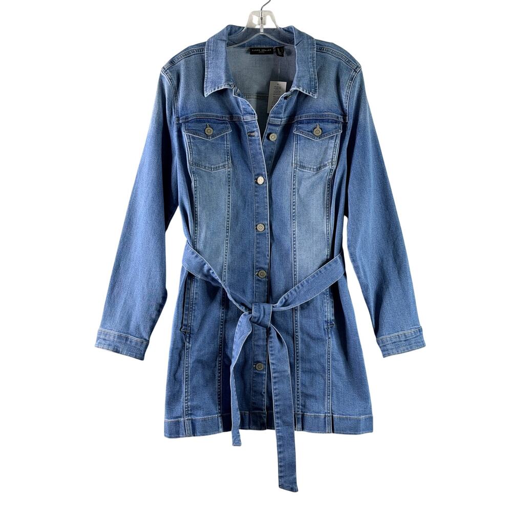 Susan Graver High Stretch Denim Long Jean Jacket Button Tie Waist Womens Large